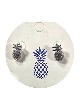 Pineapple Rhinestone Stud Earrings Silver tone Fun Tropical whimsical jewelry